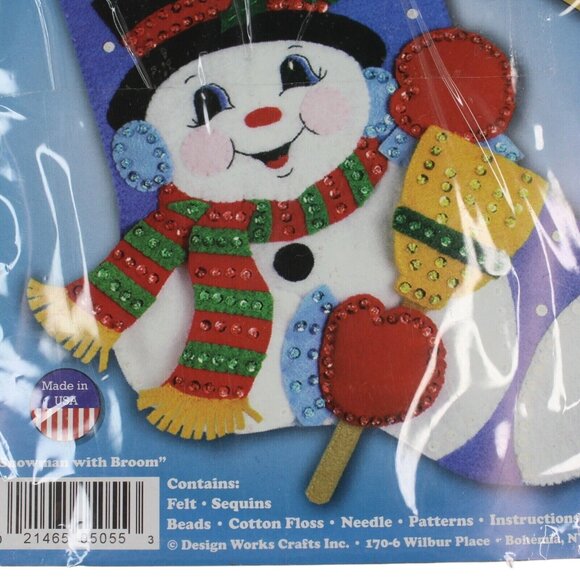 Felt Embroidery Christmas Stocking Kit 5055 Snowman with Broom Design Works 16" - Picture 4 of 6